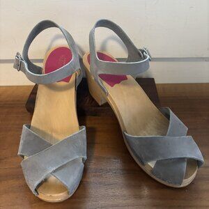 Swedish Hasbeens Mirja Grey Nubuck Open-toe Clogs (like new, with box)